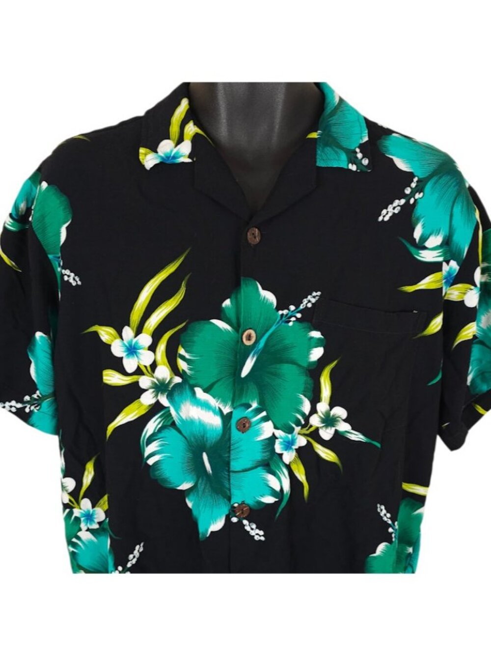 Aloha Fashion Hawaiian Shirt Mens Size Large Black Blue Green All Over Print